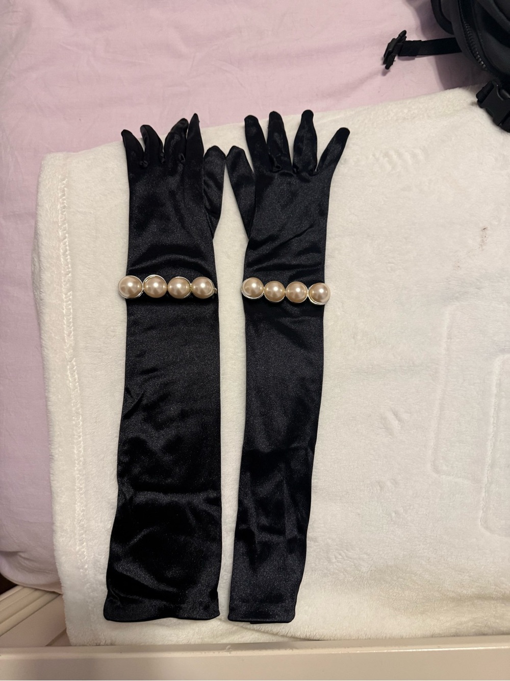 Black Satin Opera Gloves with Pearl Accent- Breakfast at Tiffany’s